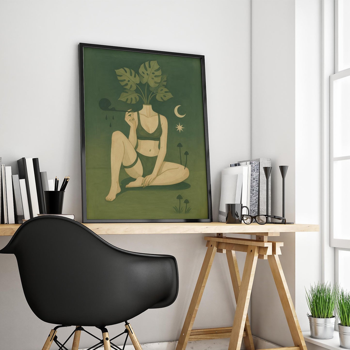 Botanical Goddess Wall Art – Mystical Green Muse Monstera Leaf Print