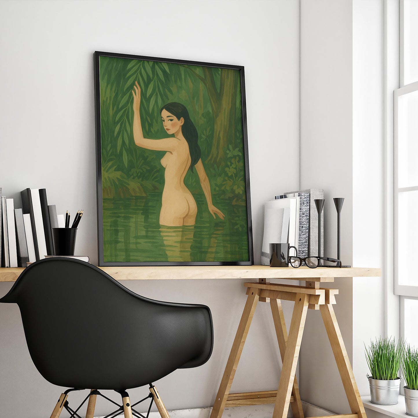 Sensual Feminine Wall Art – Nude Art Print With Forest Water & Green Aesthetic