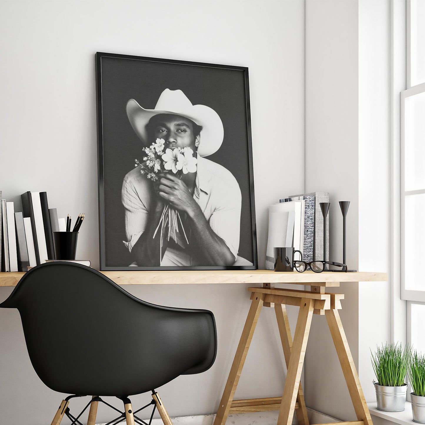 Cowboy with Flowers Poster – Black & White Western Wall Art