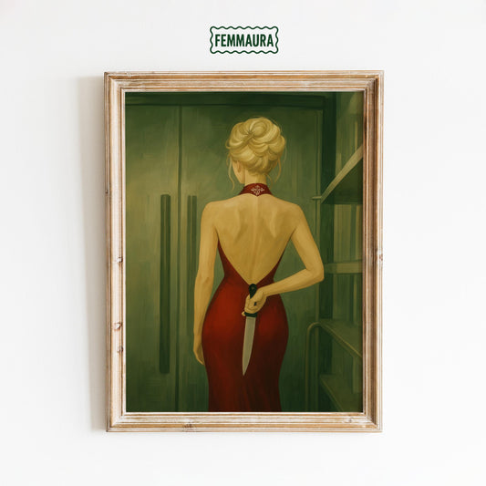 Femme Fatale Wall Art – Red Dress Poster with Knife | Bold Suspenseful Artwork