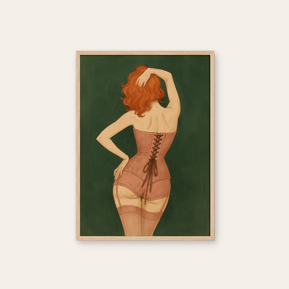 Laced Up - Redhead Corset Print - natural wood frame