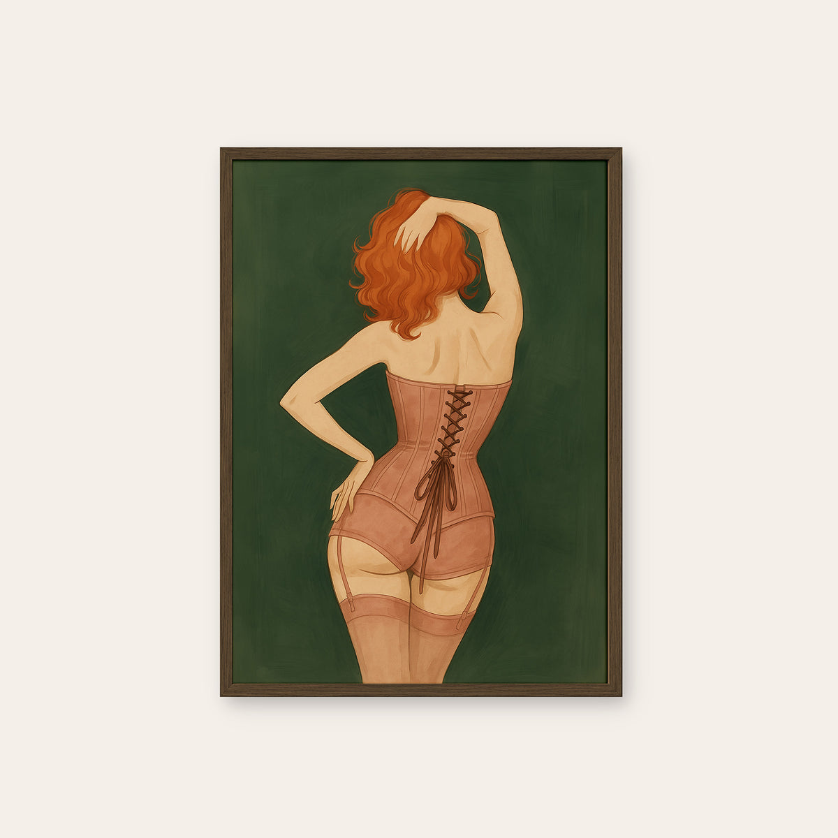 Laced Up - Redhead Corset Print - dark wood frame