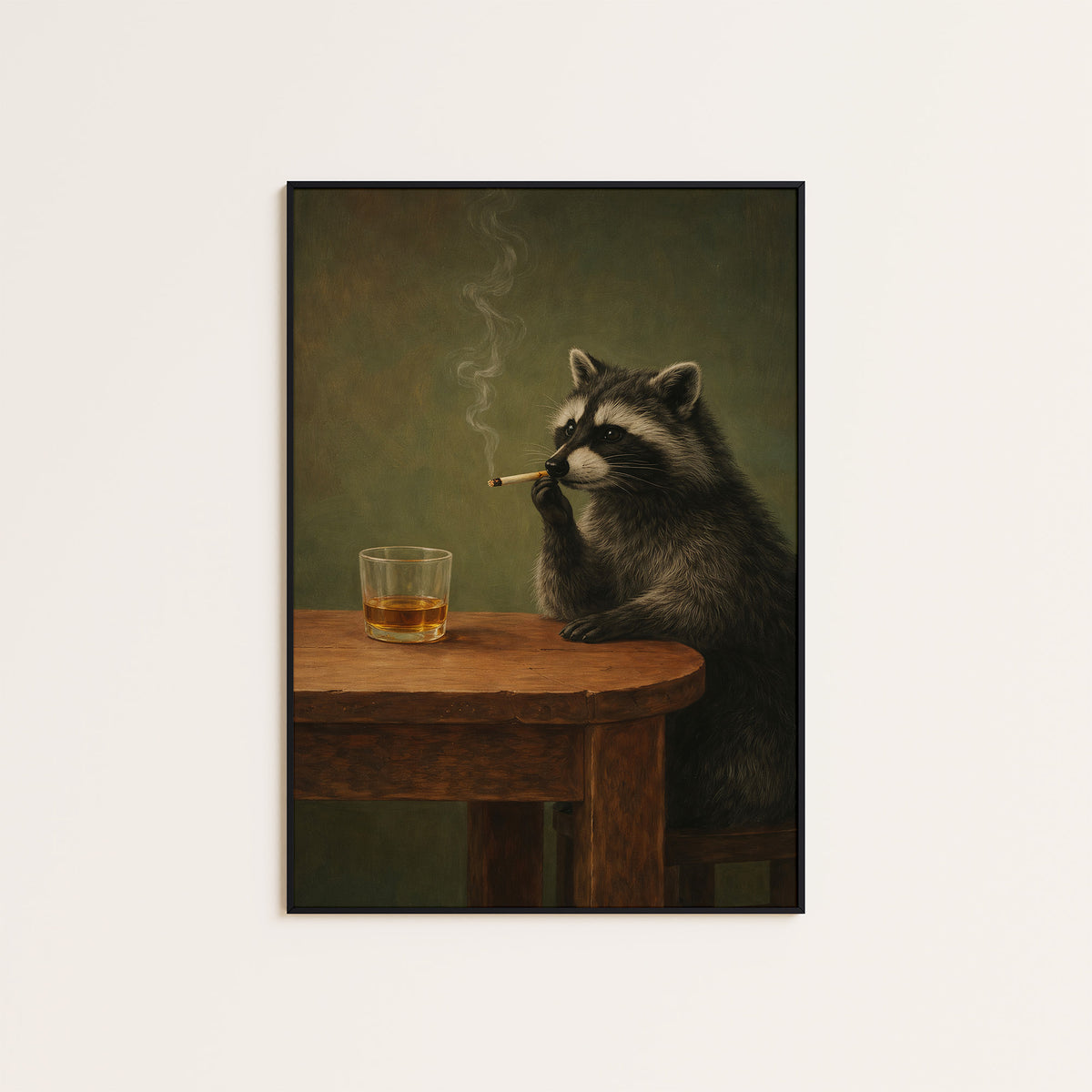 Raccoon After Hours - Whiskey Print - framed artwork overview