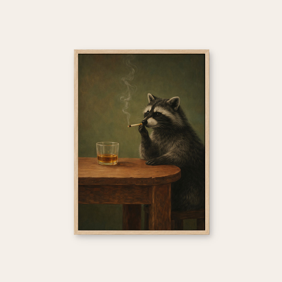 Raccoon After Hours - Whiskey Print - natural wood frame