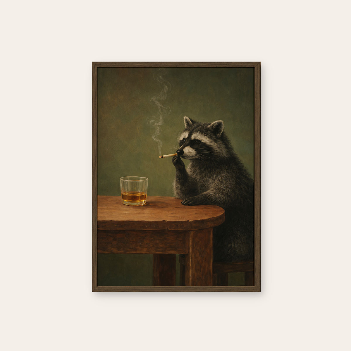 Raccoon After Hours - Whiskey Print - dark wood frame