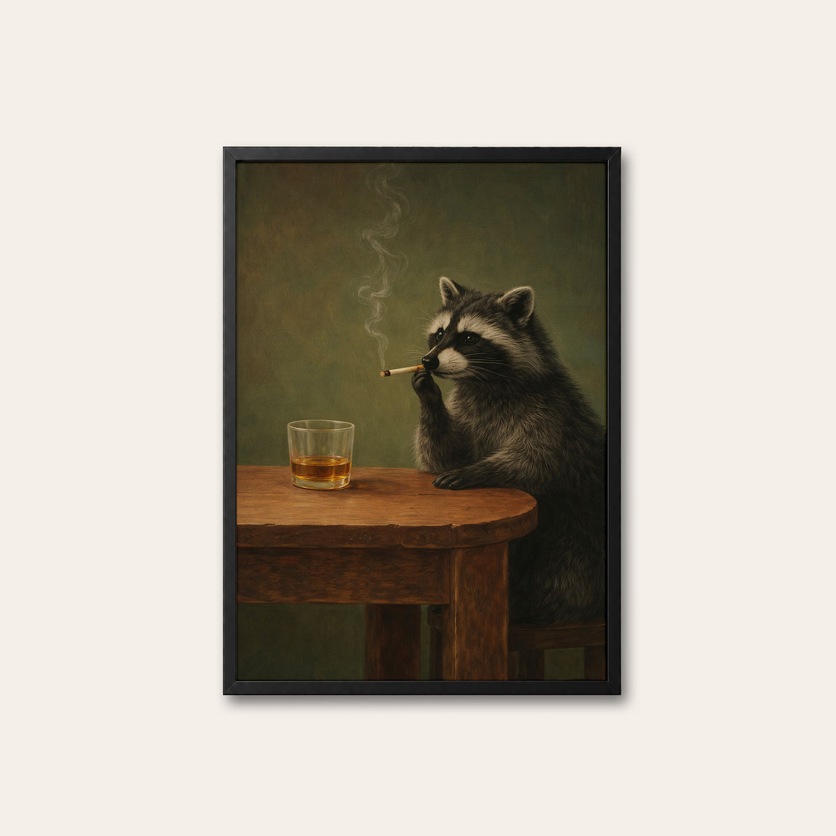 Raccoon After Hours - Whiskey Print - black frame