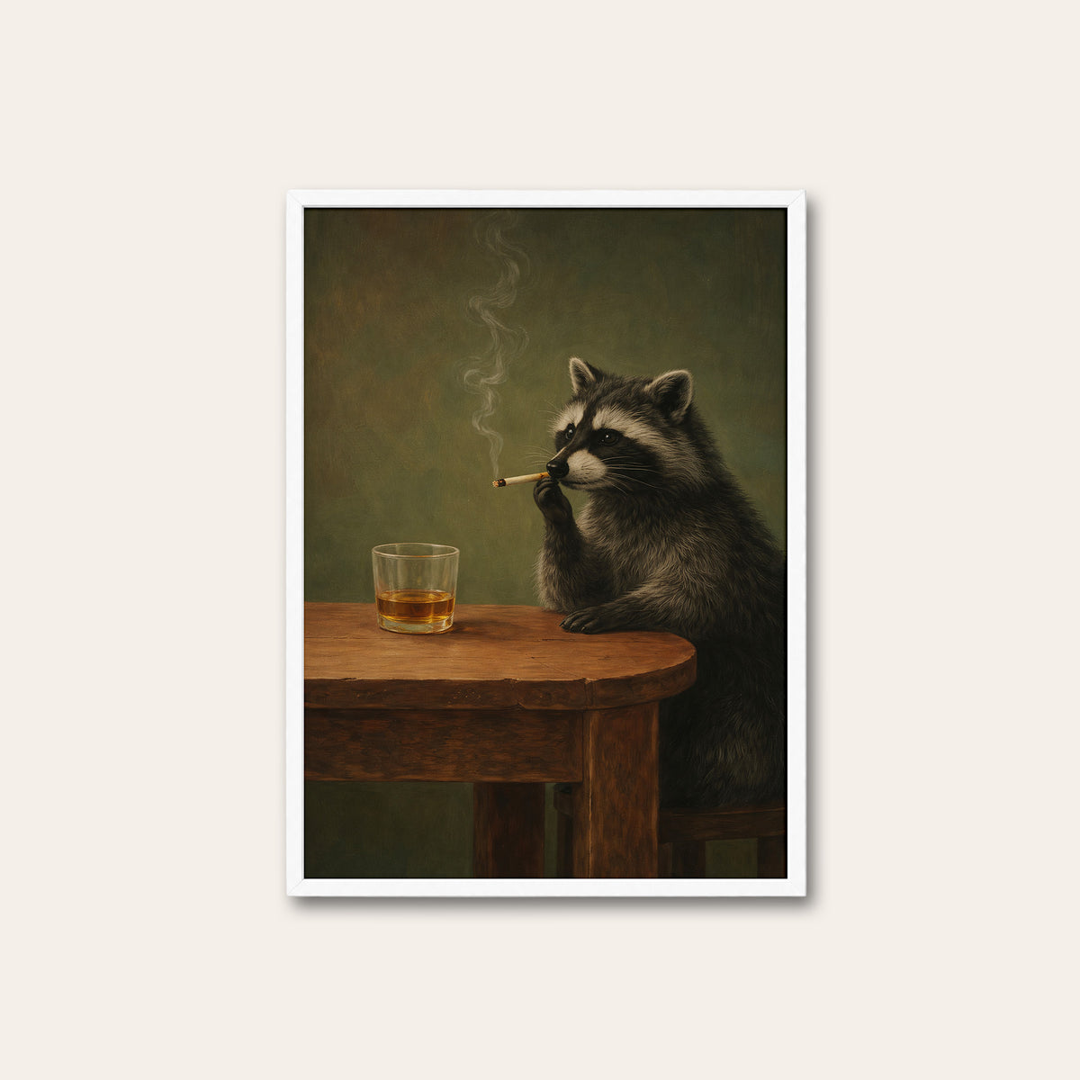 Raccoon After Hours - Whiskey Print - white frame
