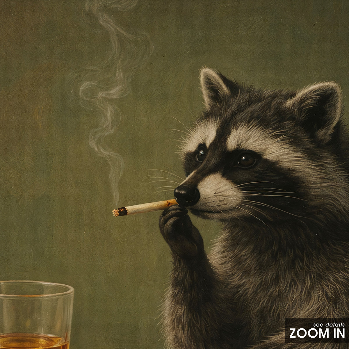 Raccoon After Hours - Whiskey Print - artwork detail