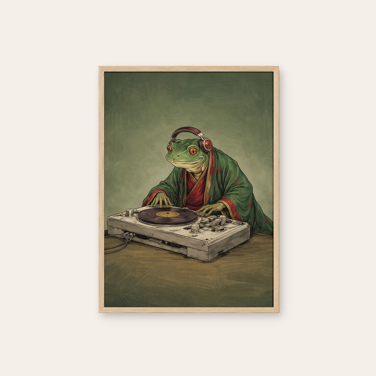 Pond Sessions - Frog DJ Print - natural wood frame