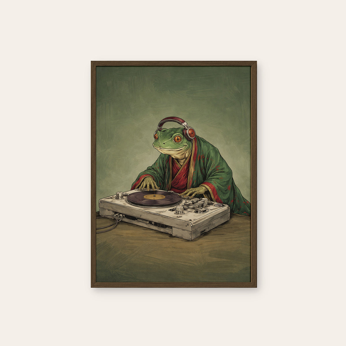 Pond Sessions - Frog DJ Print - dark wood frame