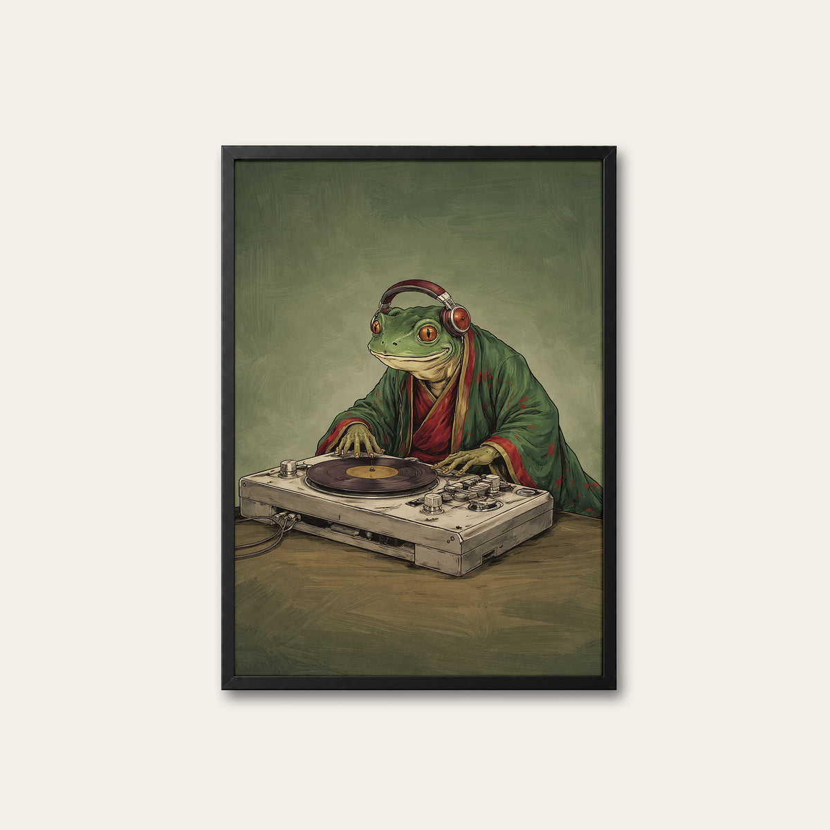 Pond Sessions - Frog DJ Print - black frame