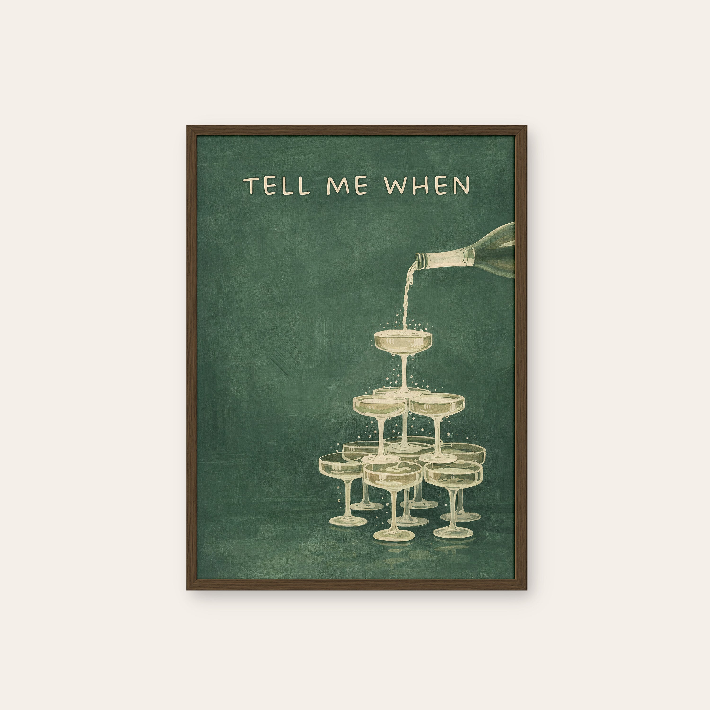 Tell Me When — Champagne Tower Print – dark wood frame