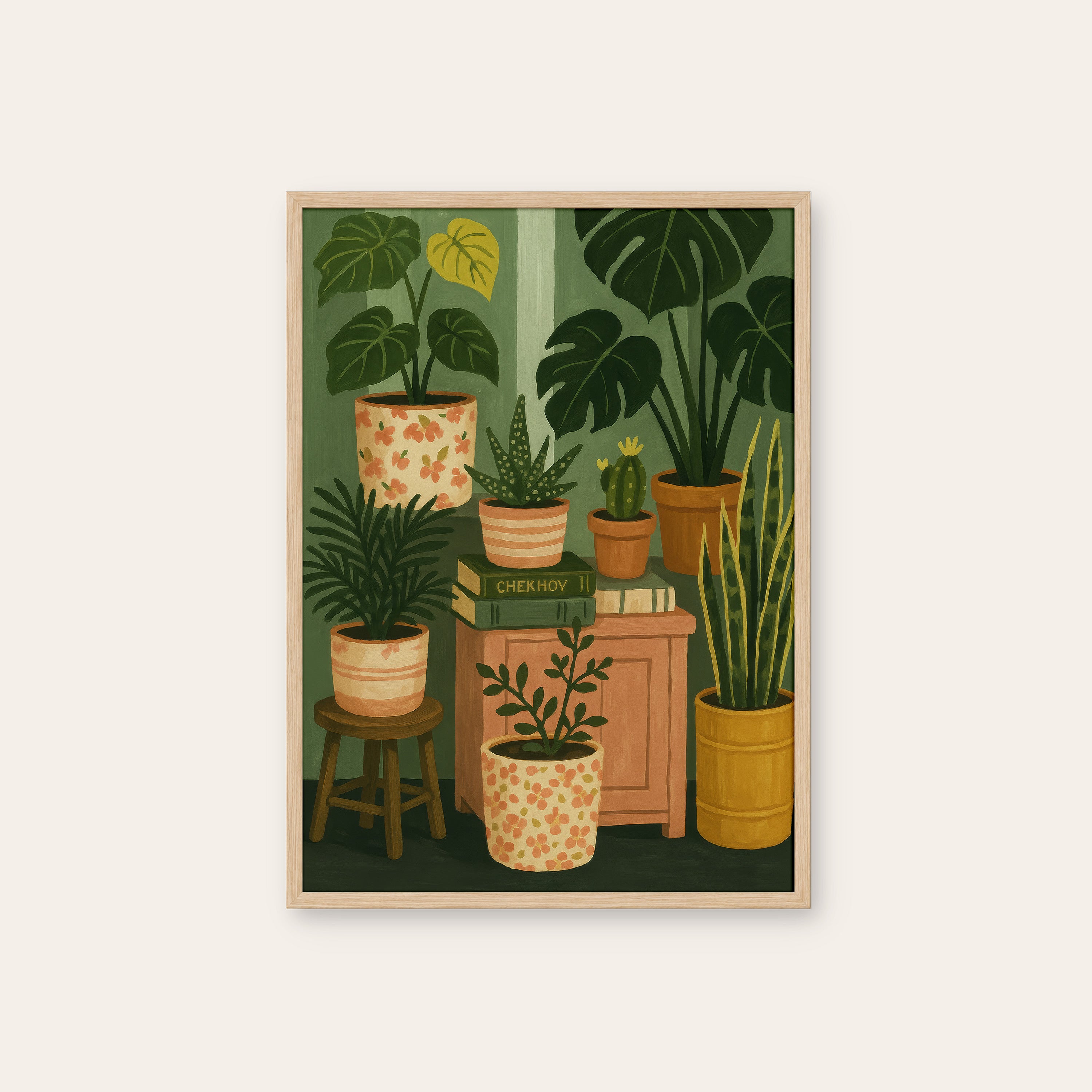 Plant Corner — Potted Jungle Print – natural wood frame