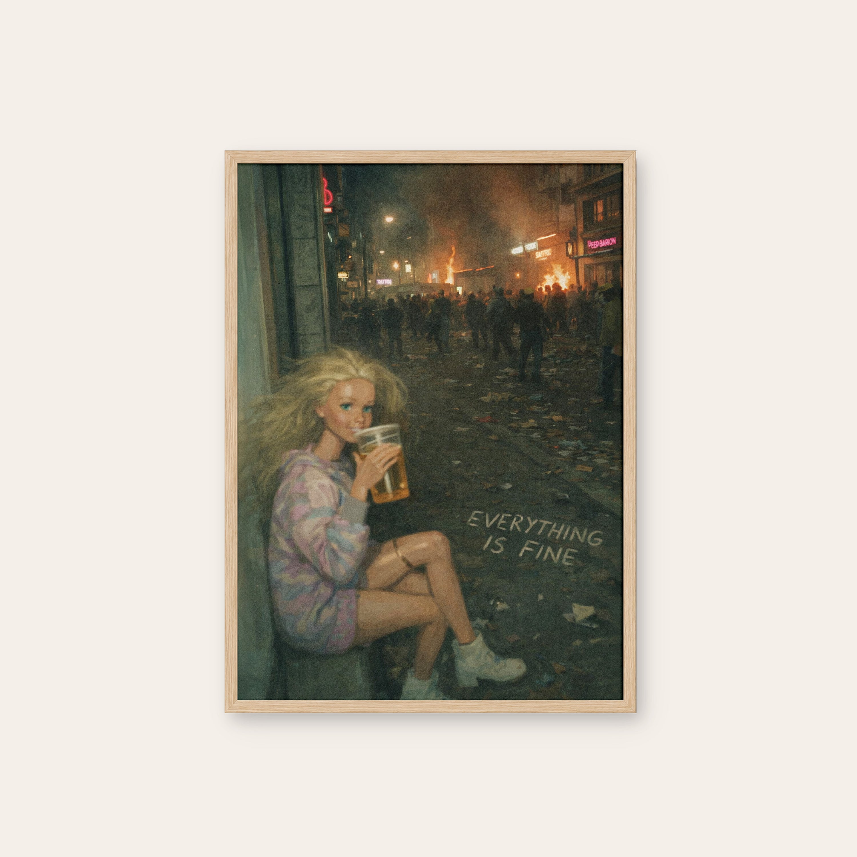 Everything Is Fine — Night Scene Print – natural wood frame