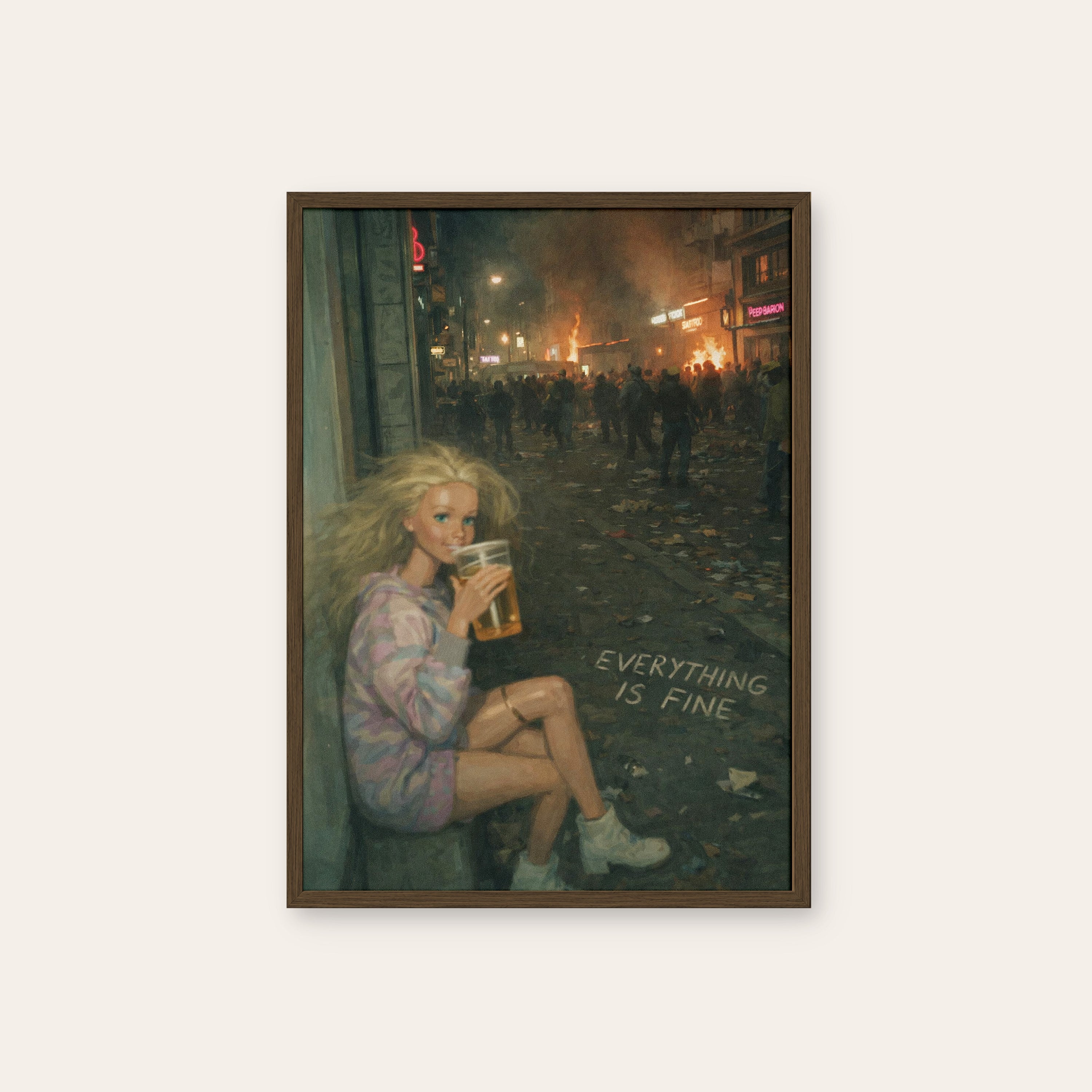 Everything Is Fine — Night Scene Print – dark wood frame