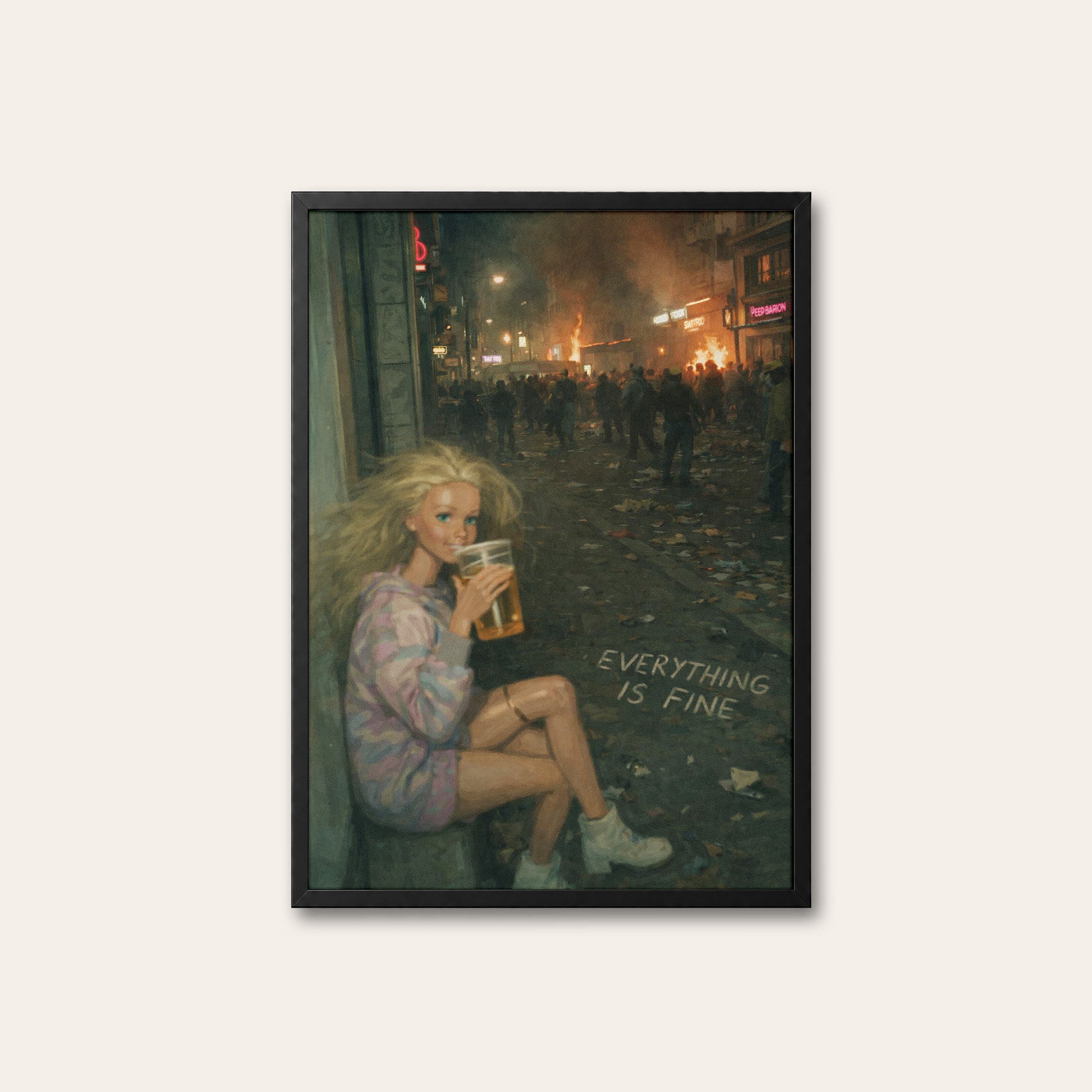 Everything Is Fine — Night Scene Print – black frame