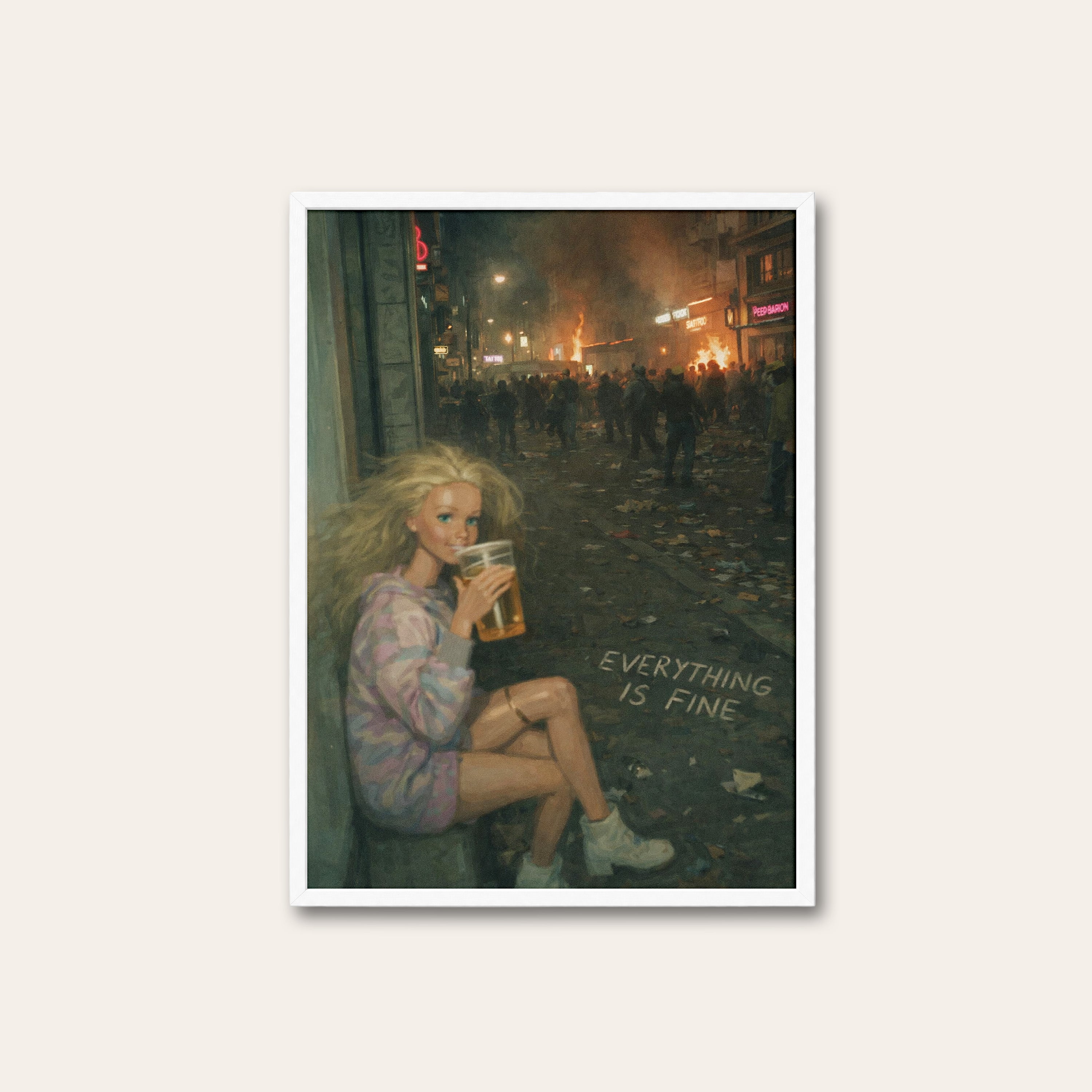 Everything Is Fine — Night Scene Print – white frame