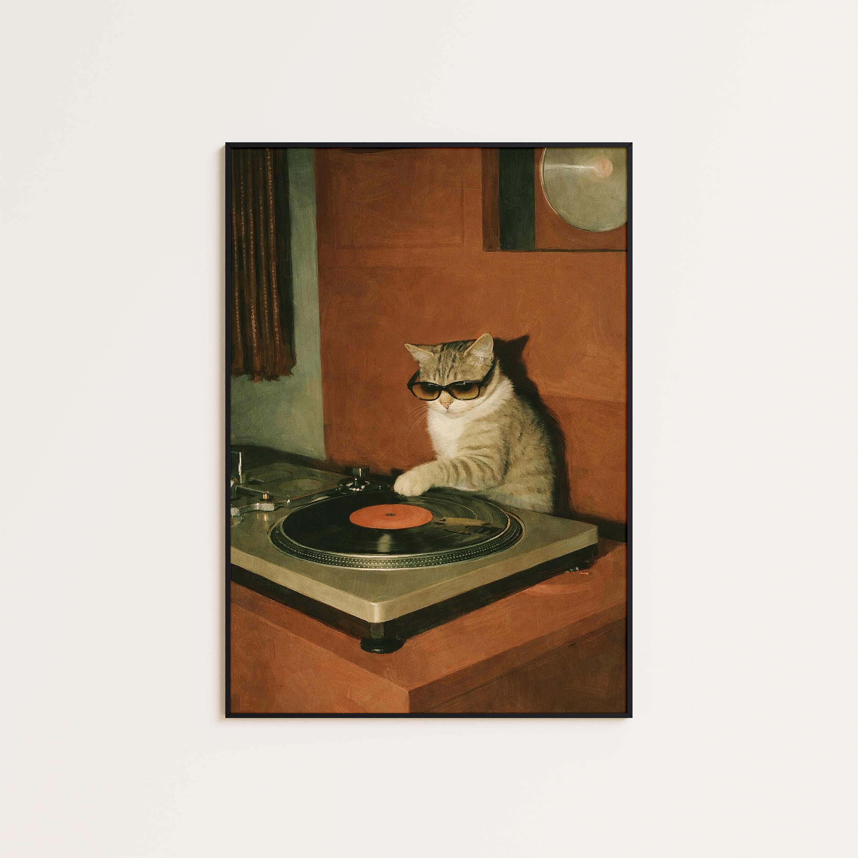 DJ Whiskers — Turntable Cat Print – unframed poster