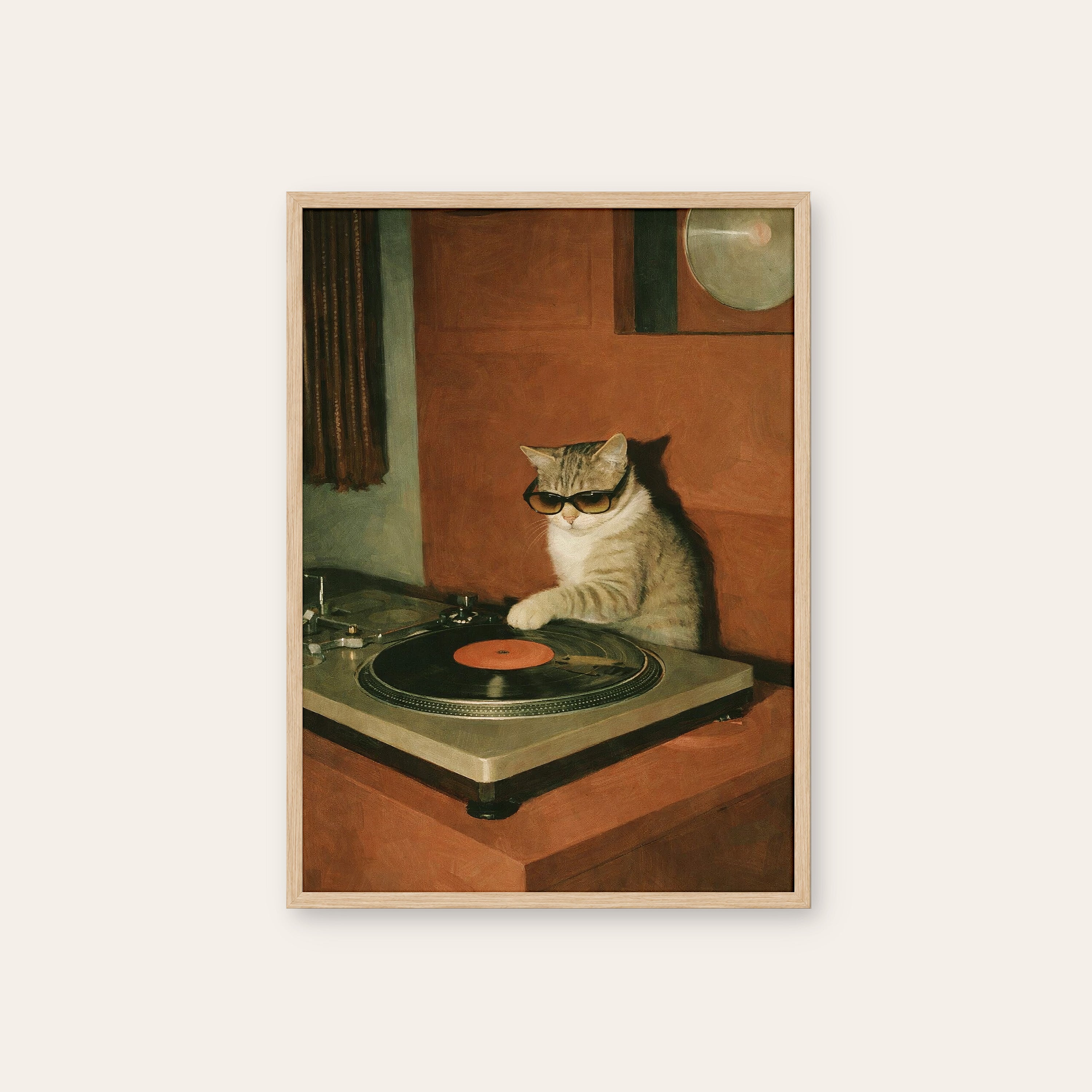 DJ Whiskers — Turntable Cat Print – natural wood frame