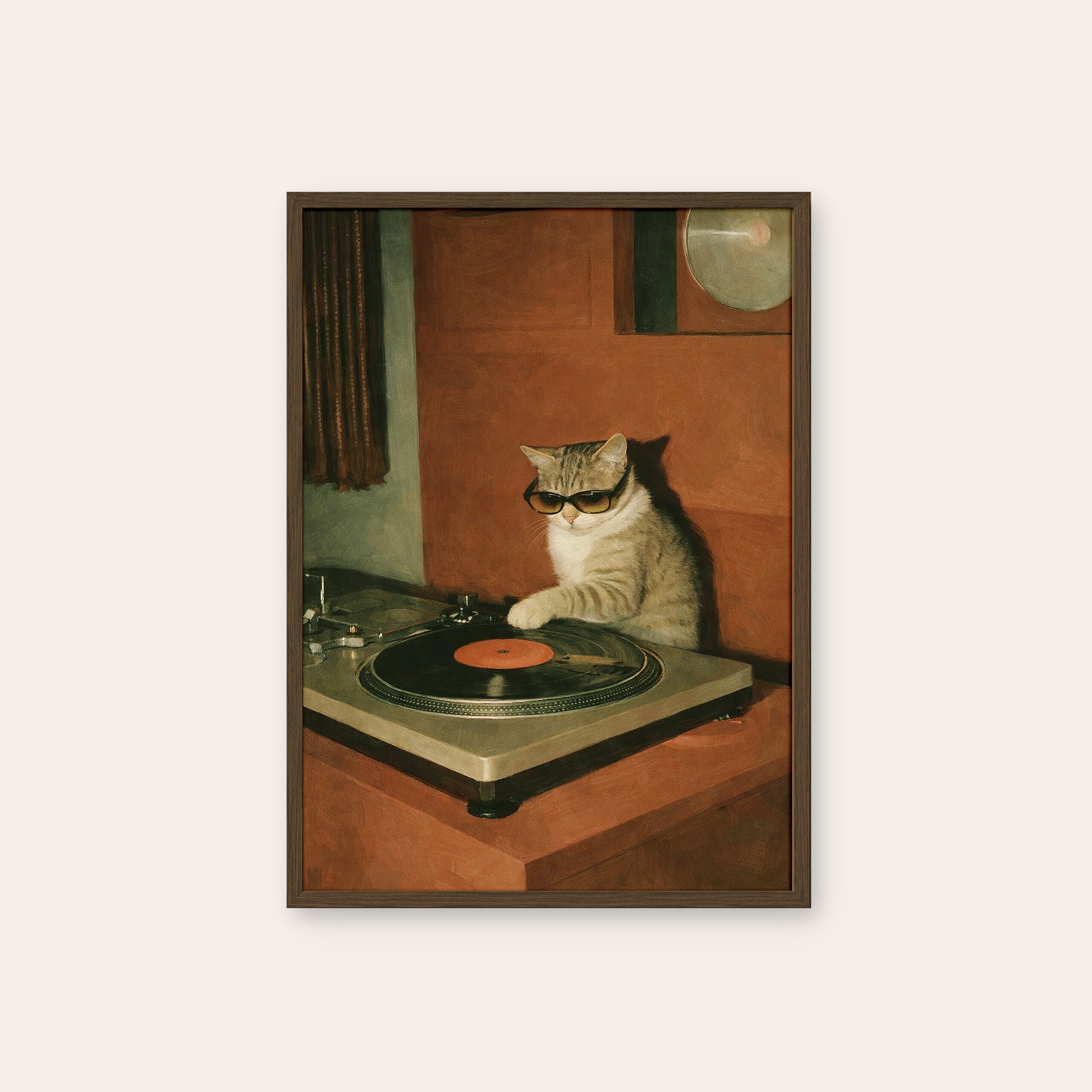 DJ Whiskers — Turntable Cat Print – dark wood frame
