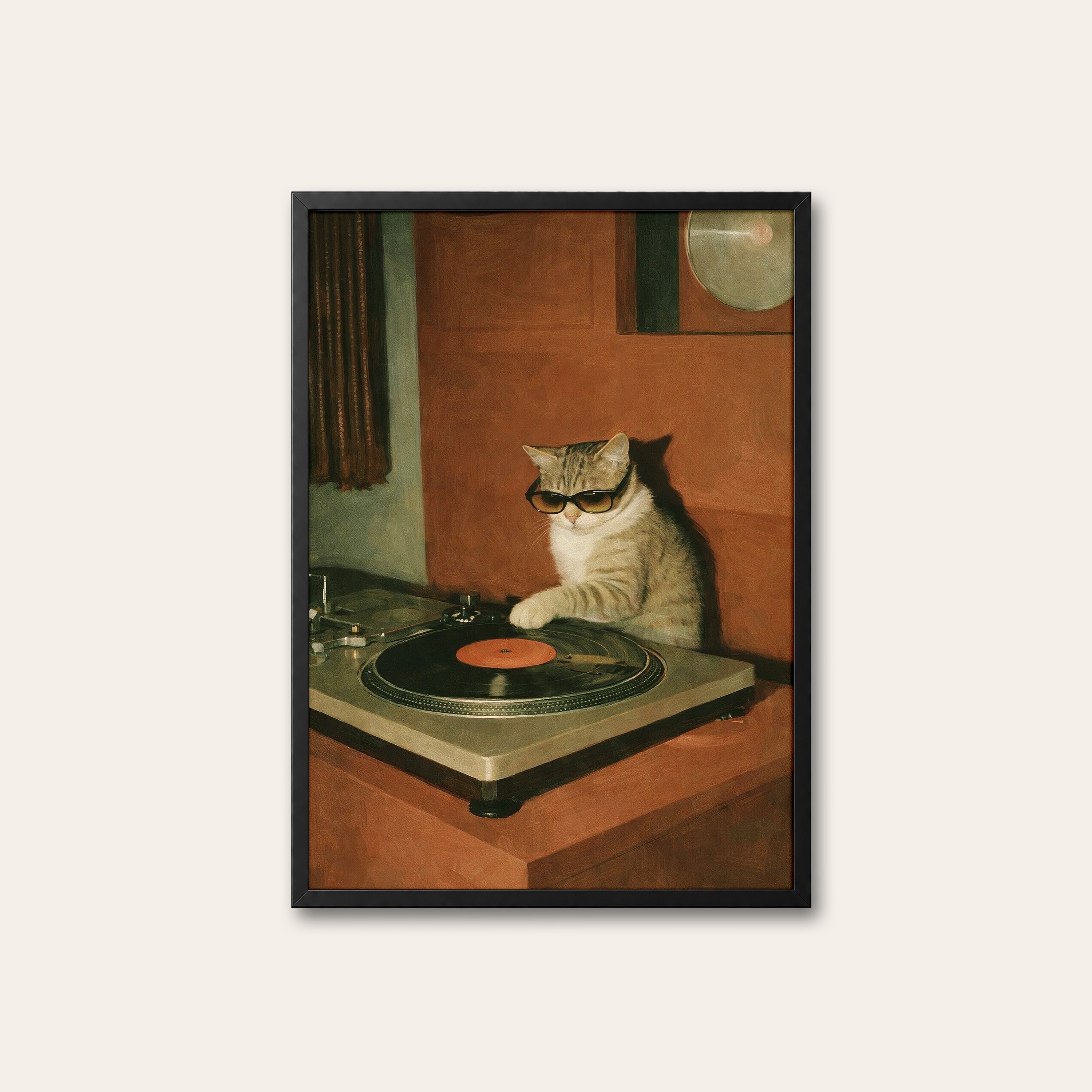 DJ Whiskers — Turntable Cat Print – black frame