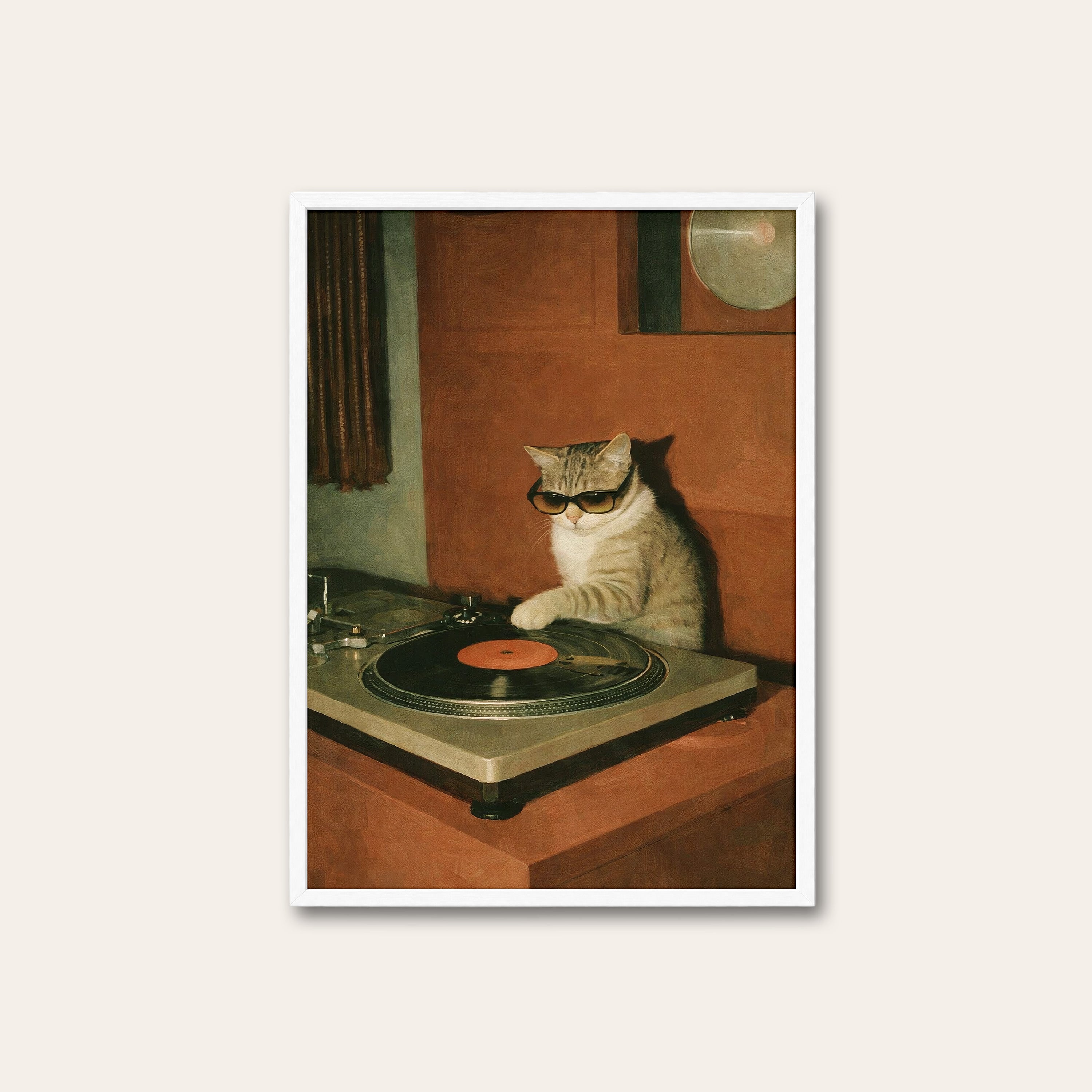 DJ Whiskers — Turntable Cat Print – white frame