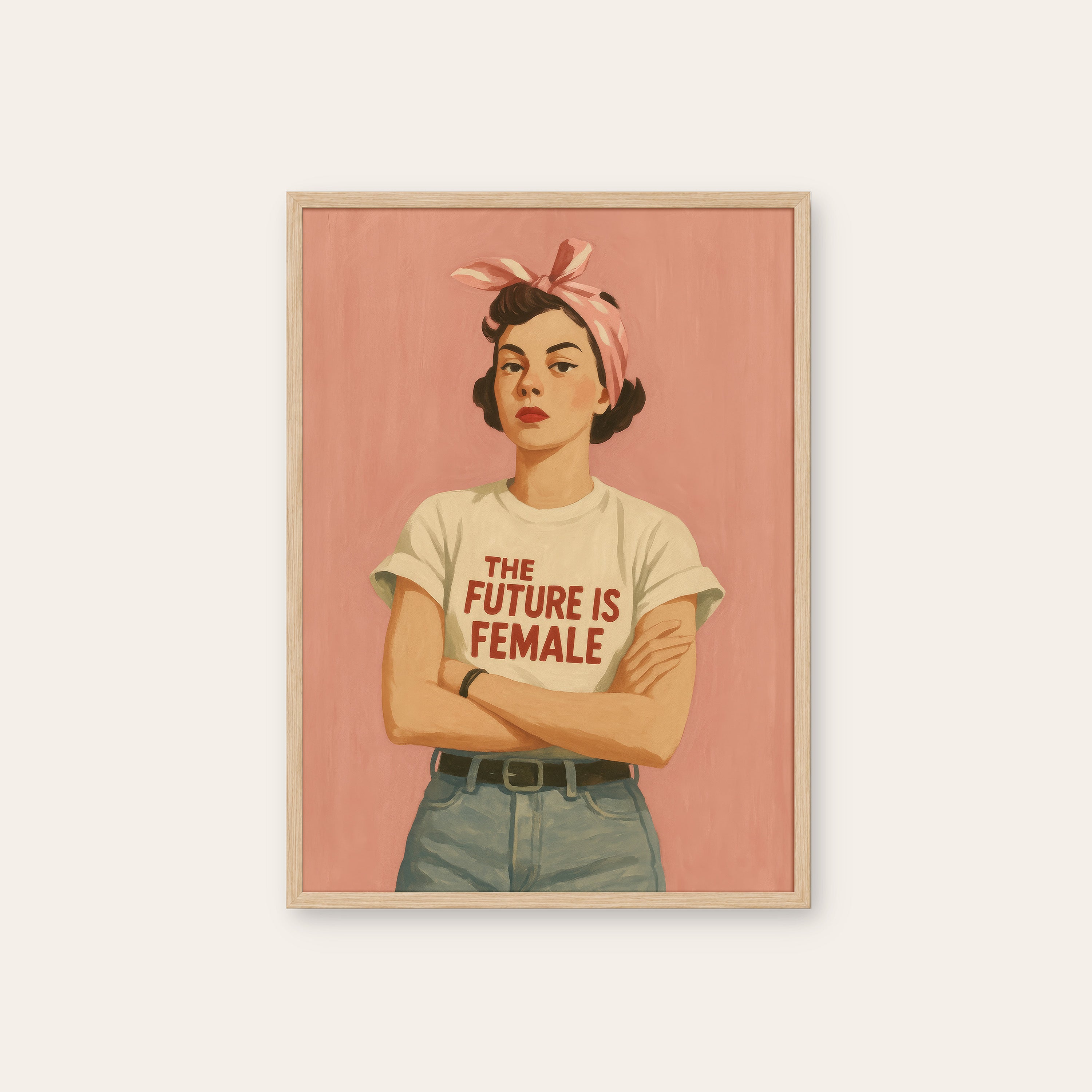 The Future Is Female — Retro Portrait Print – natural wood frame