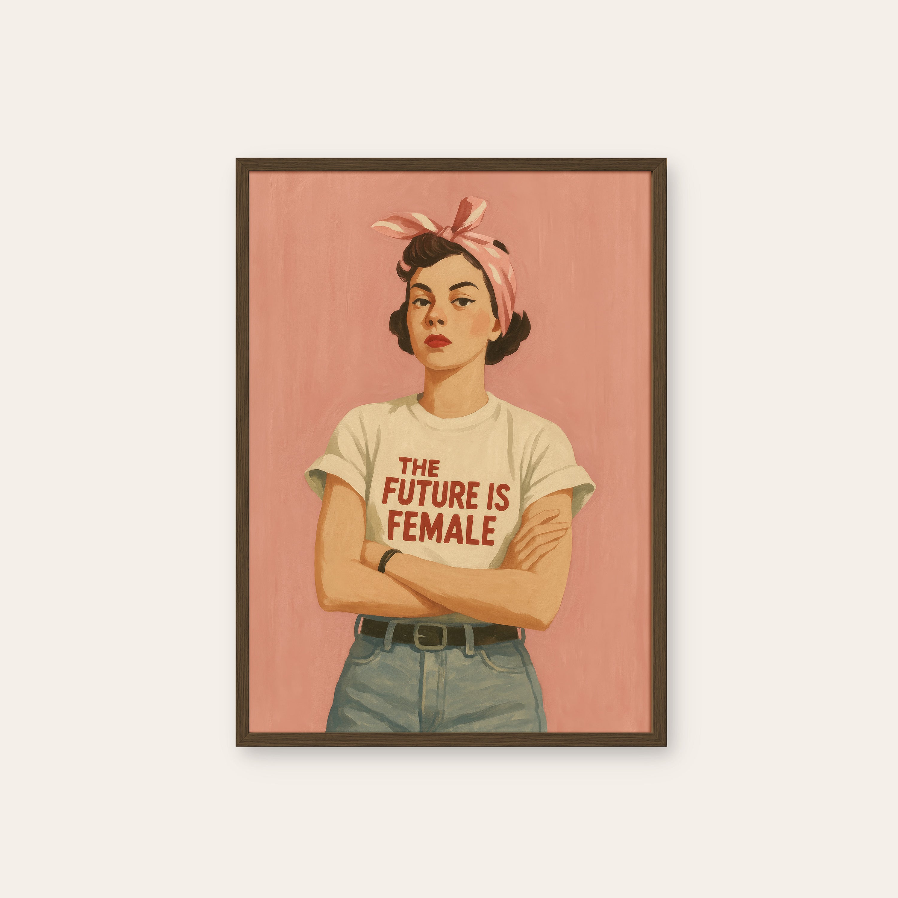 The Future Is Female — Retro Portrait Print – dark wood frame