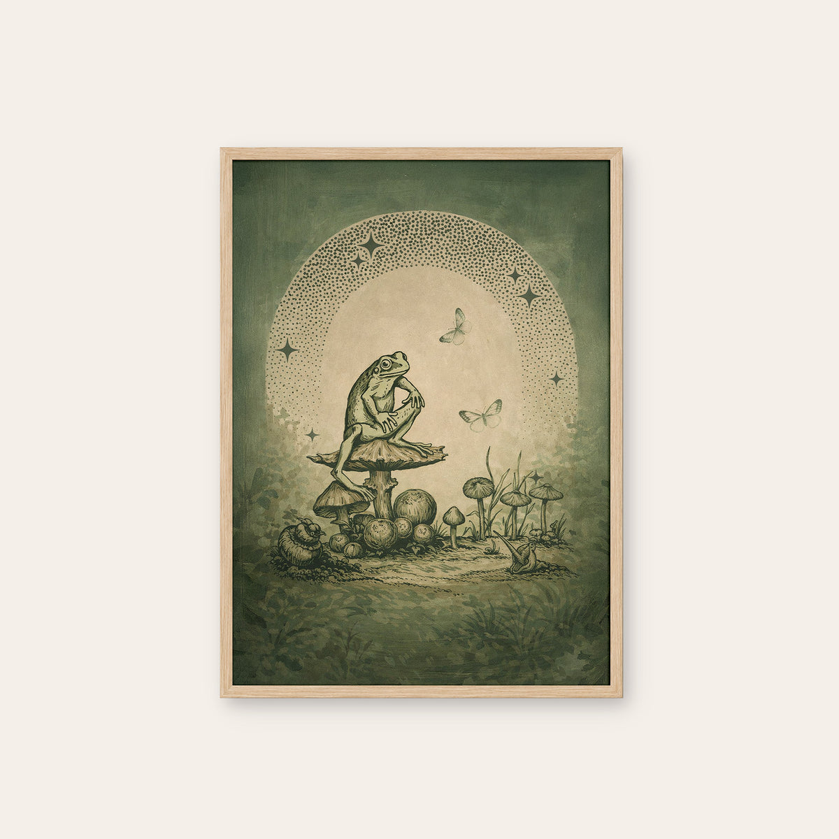 Moonlit Mushroom Club - Frog Print - natural wood frame