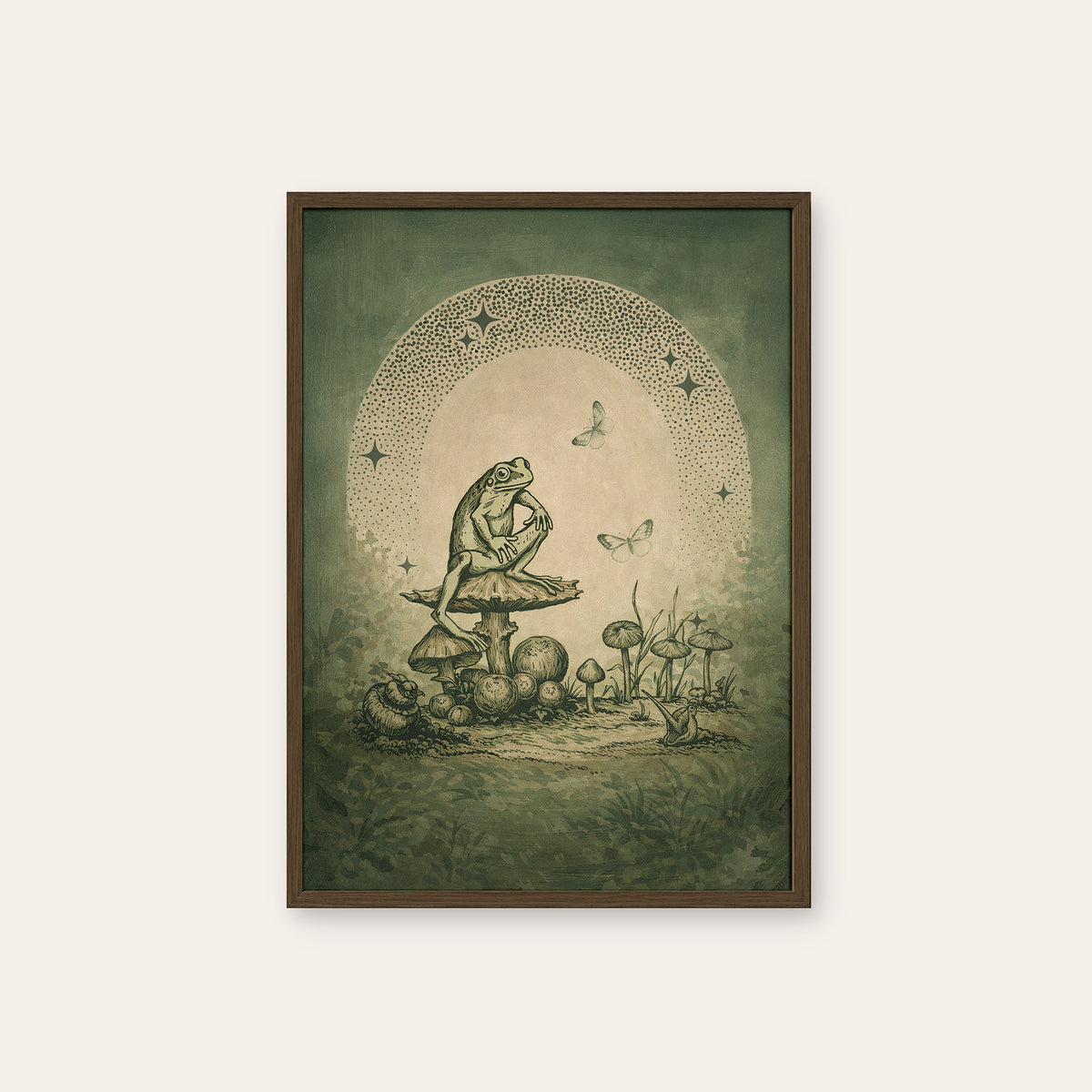 Moonlit Mushroom Club - Frog Print - dark wood frame