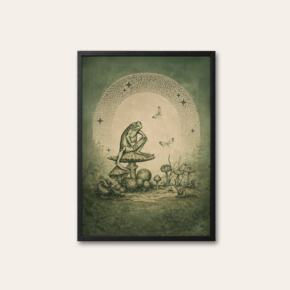 Moonlit Mushroom Club - Frog Print - black frame
