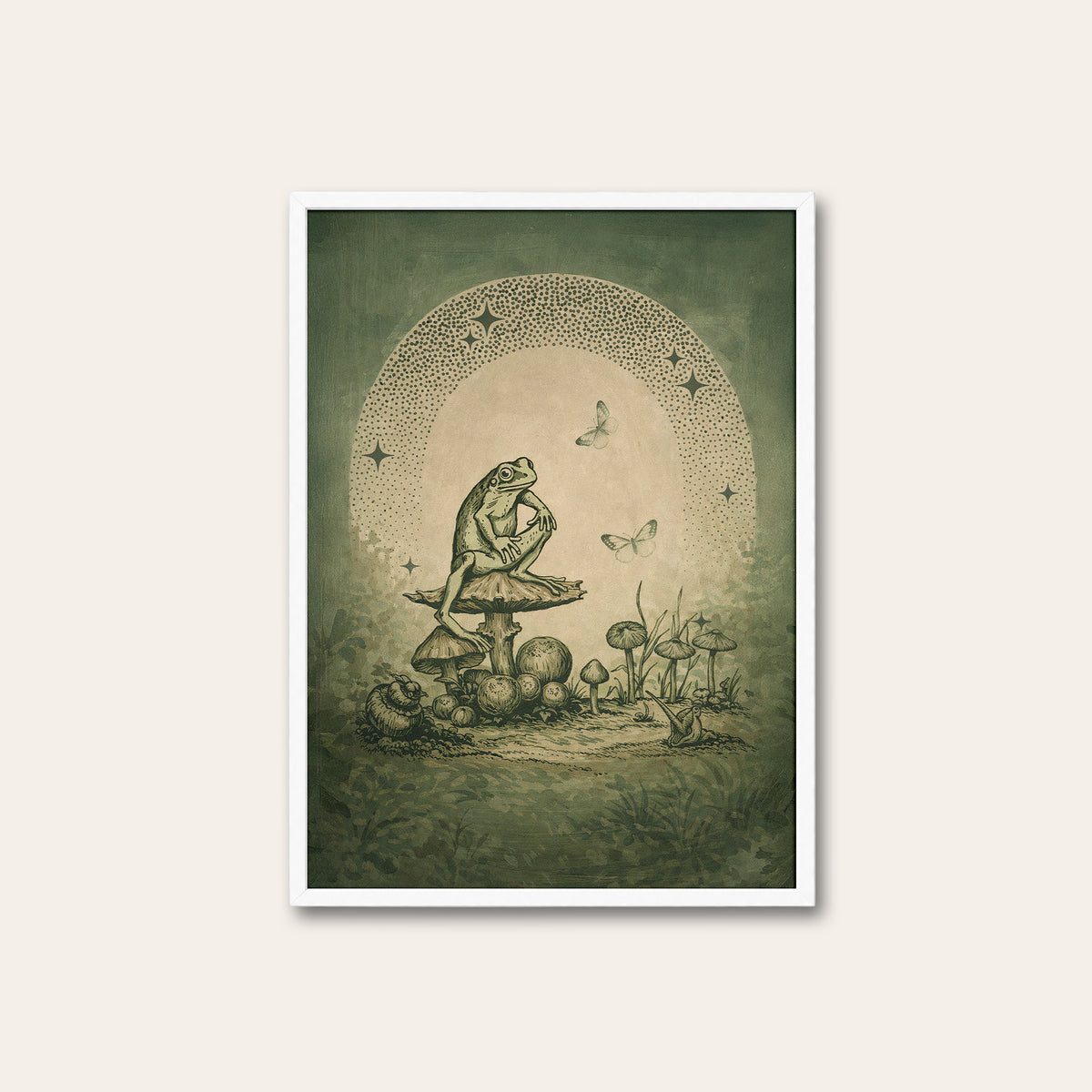 Moonlit Mushroom Club - Frog Print - white frame