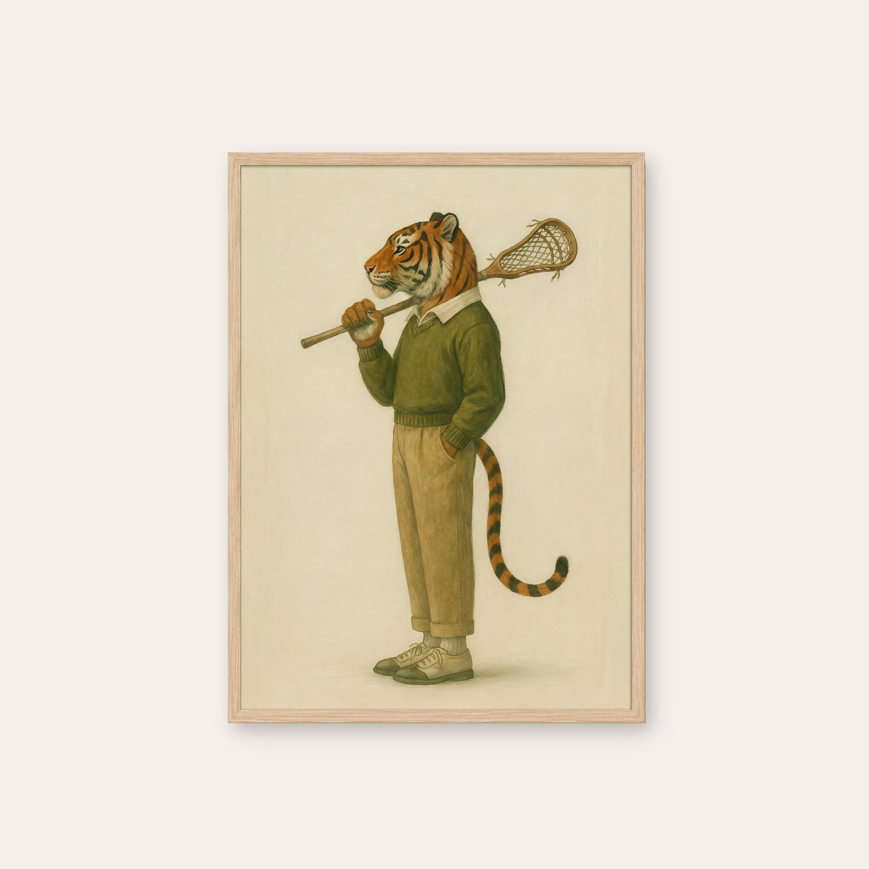 Varsity Stripes — Lacrosse Tiger Print – natural wood frame