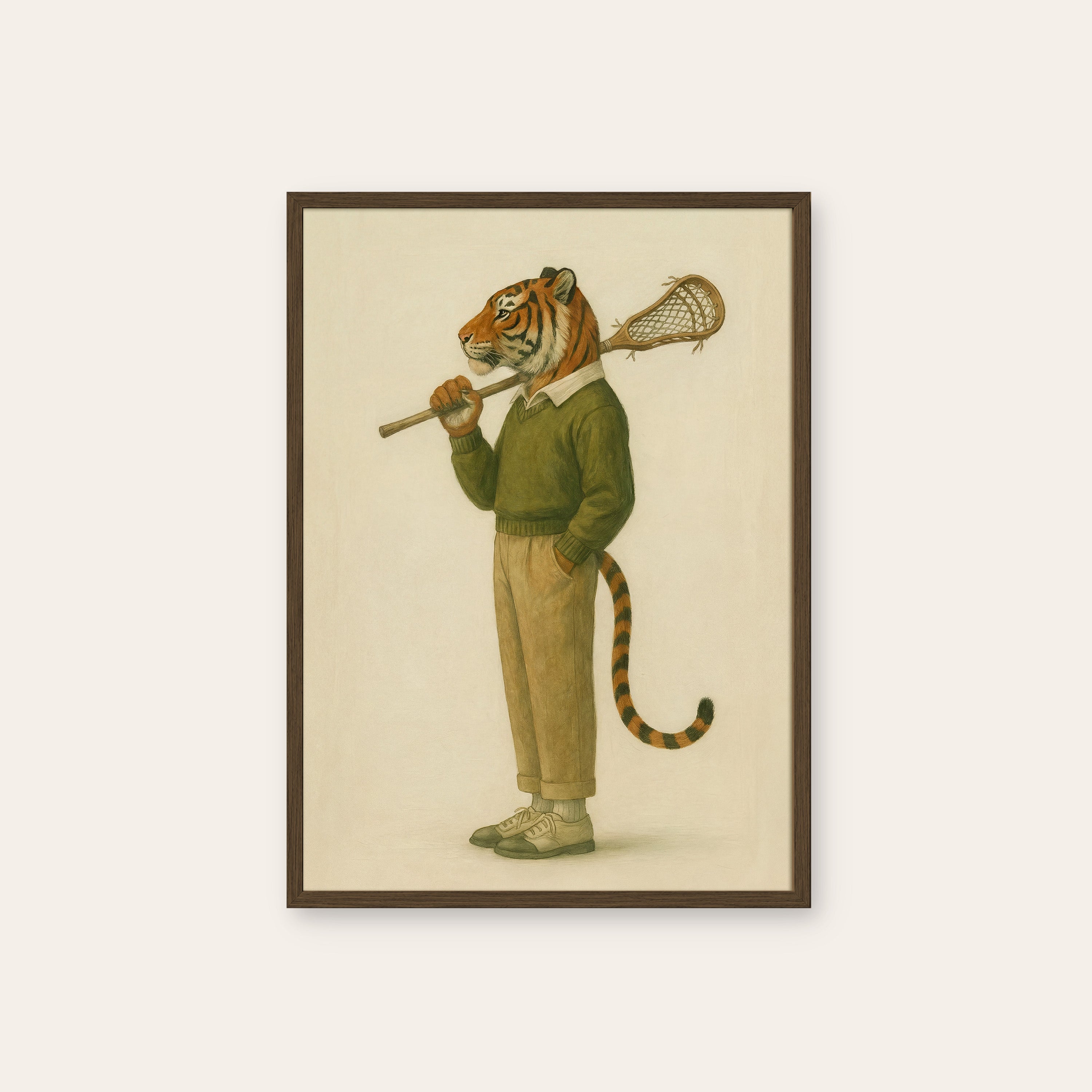 Varsity Stripes — Lacrosse Tiger Print – dark wood frame