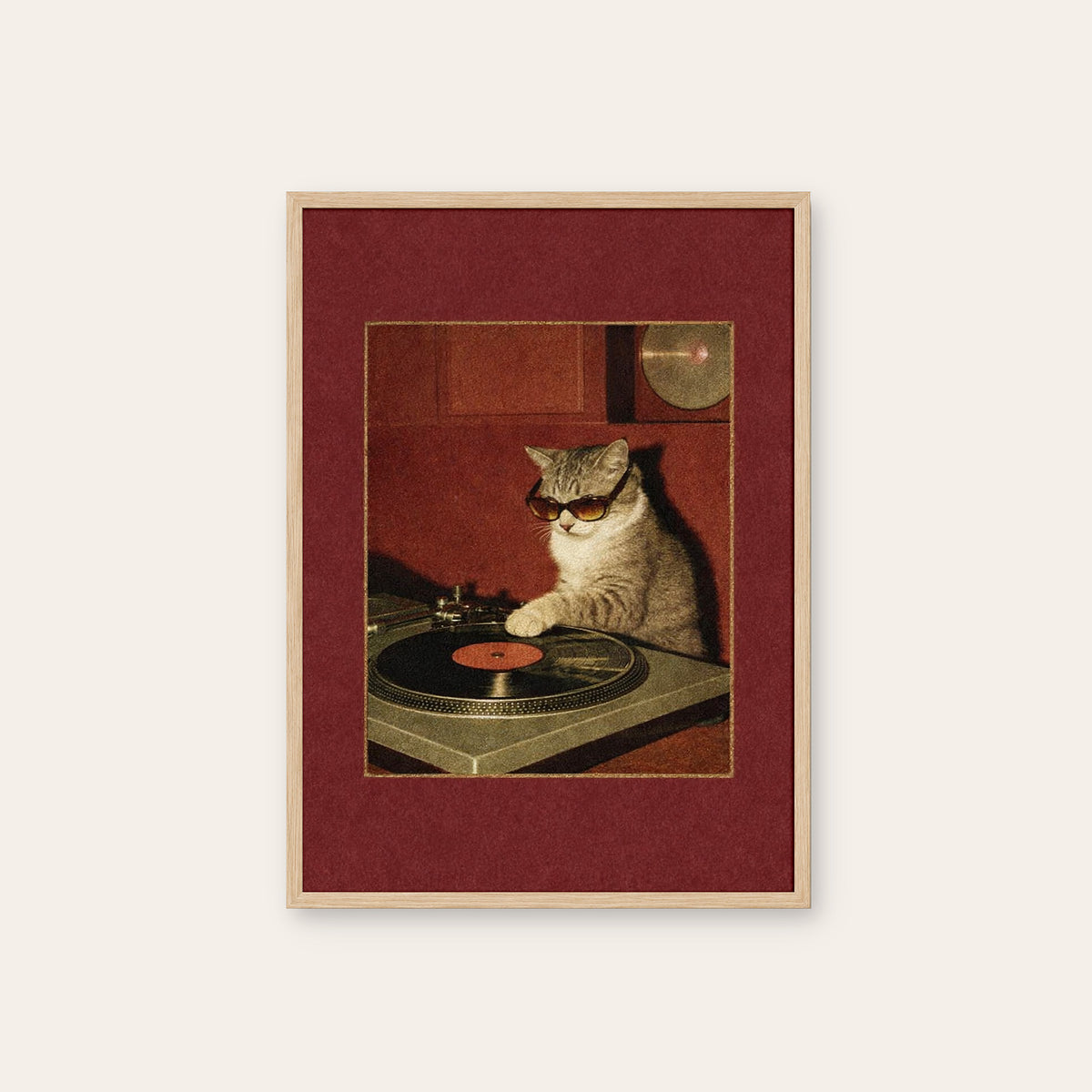 Feline Frequencies - Turntable Cat Print - natural wood frame