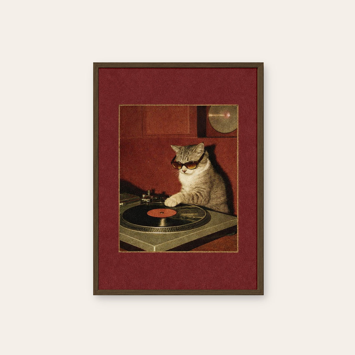 Feline Frequencies - Turntable Cat Print - dark wood frame