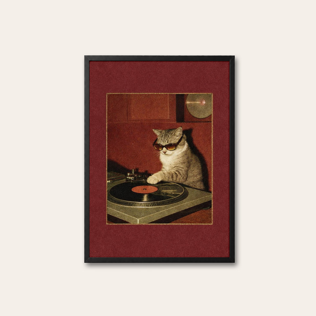 Feline Frequencies - Turntable Cat Print - black frame
