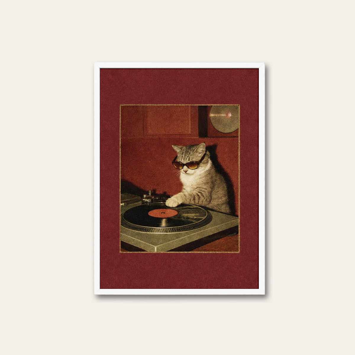 Feline Frequencies - Turntable Cat Print - white frame