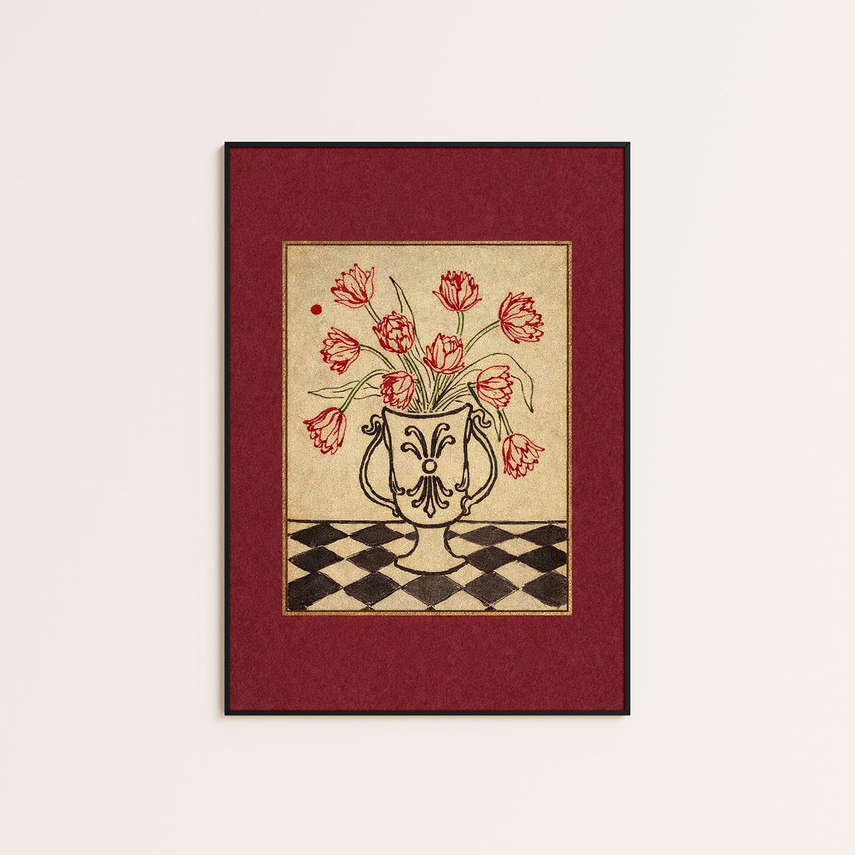 Tulip Check - Red Border Floral Print - framed artwork overview