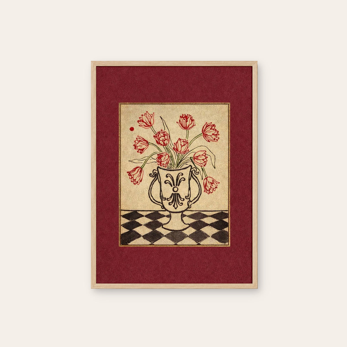Tulip Check - Red Border Floral Print - natural wood frame
