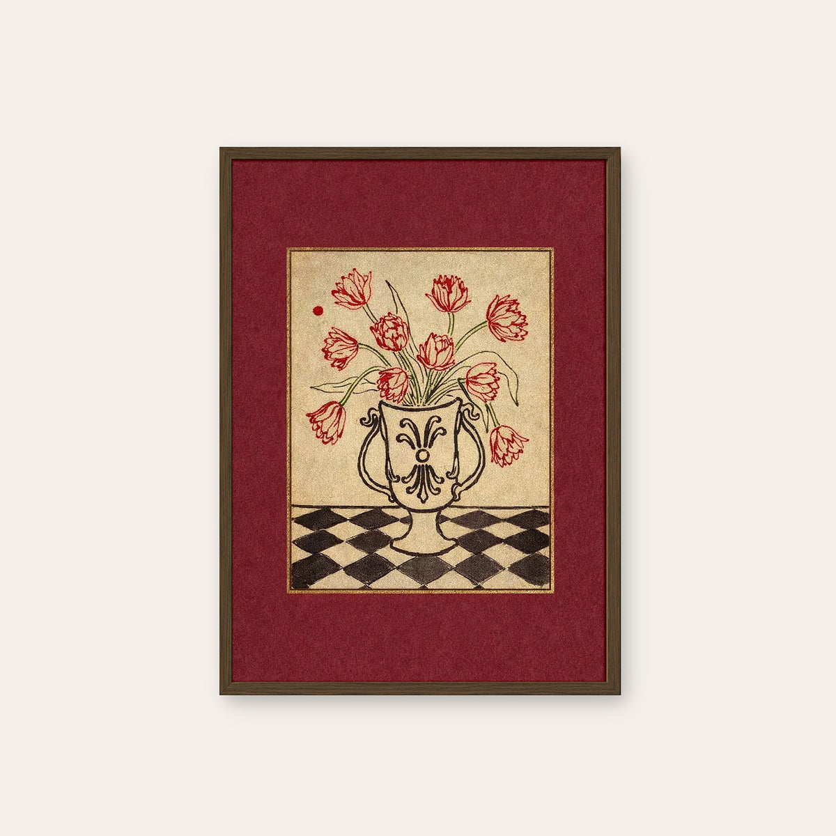Tulip Check - Red Border Floral Print - dark wood frame