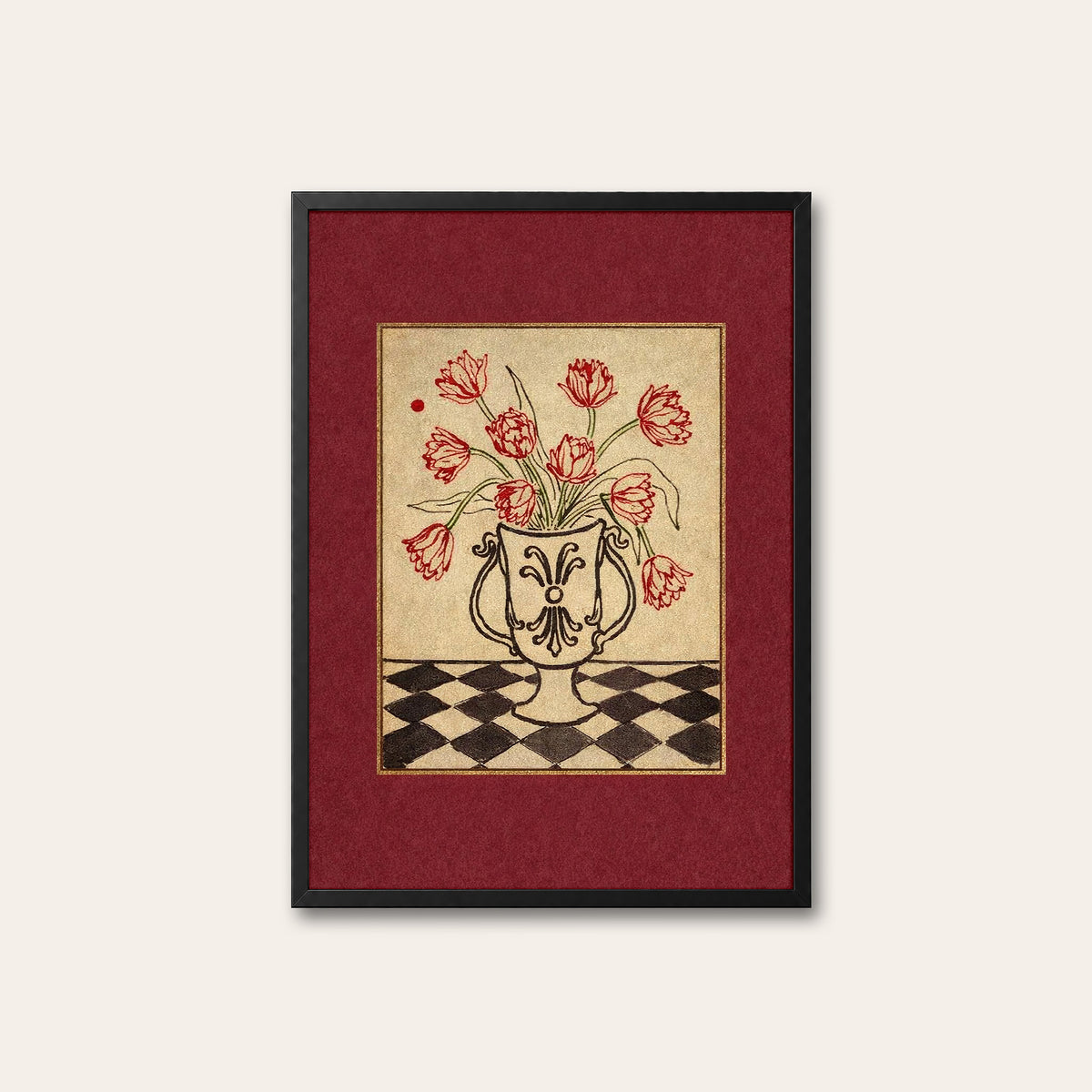 Tulip Check - Red Border Floral Print - black frame