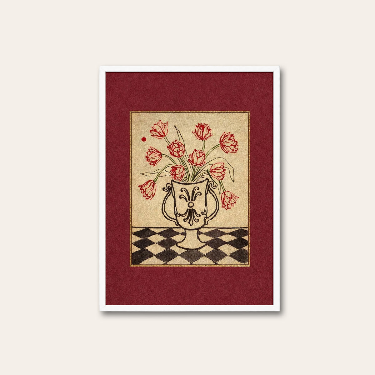 Tulip Check - Red Border Floral Print - white frame
