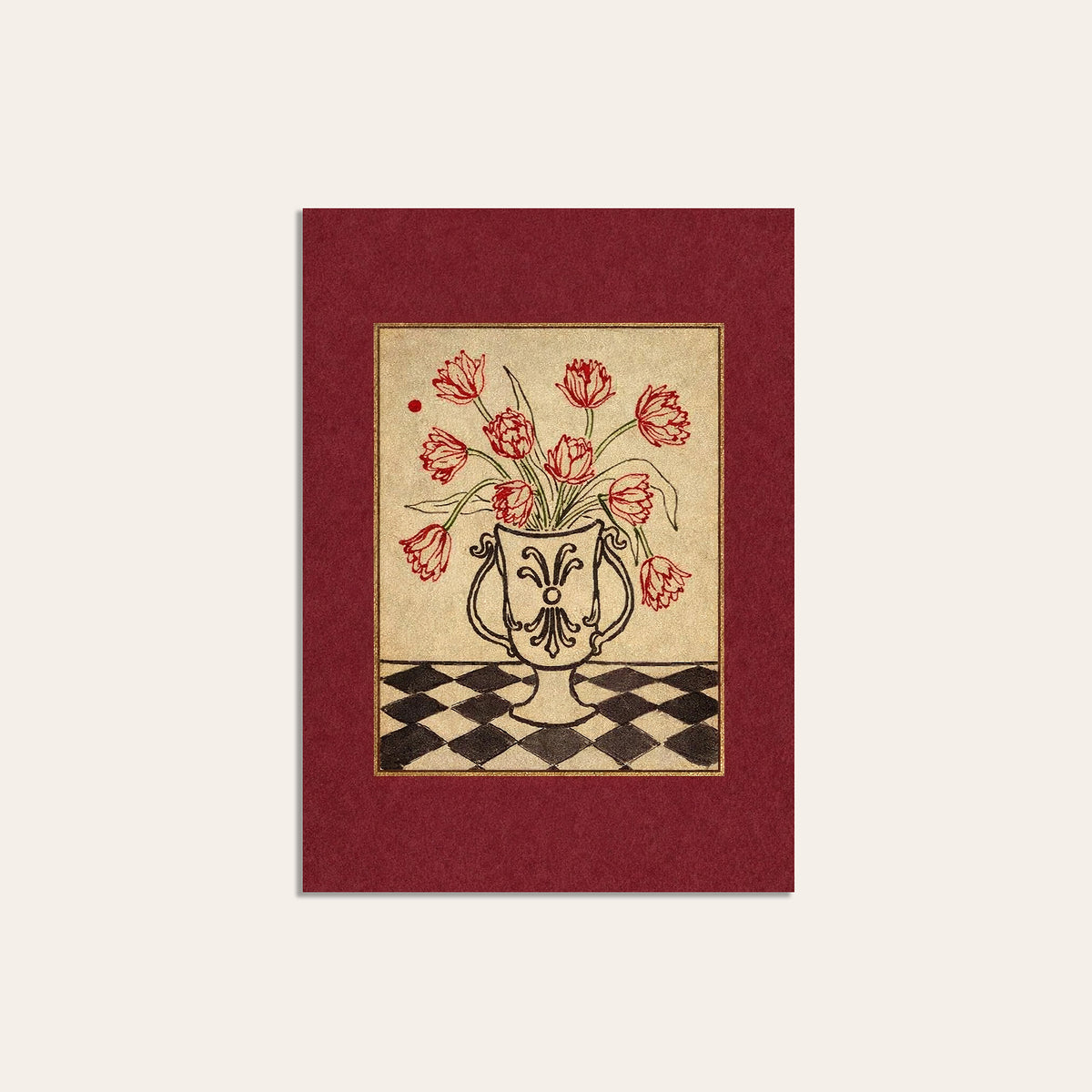 Tulip Check - Red Border Floral Print - unframed print