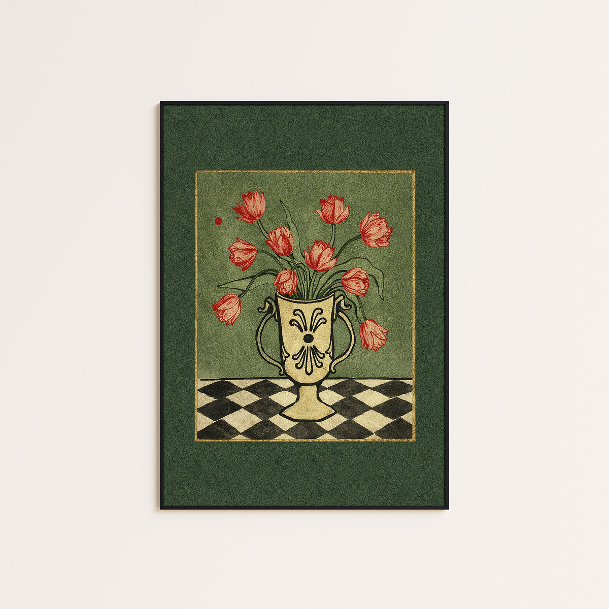 Tulip Check - Green Border Floral Print - framed artwork overview