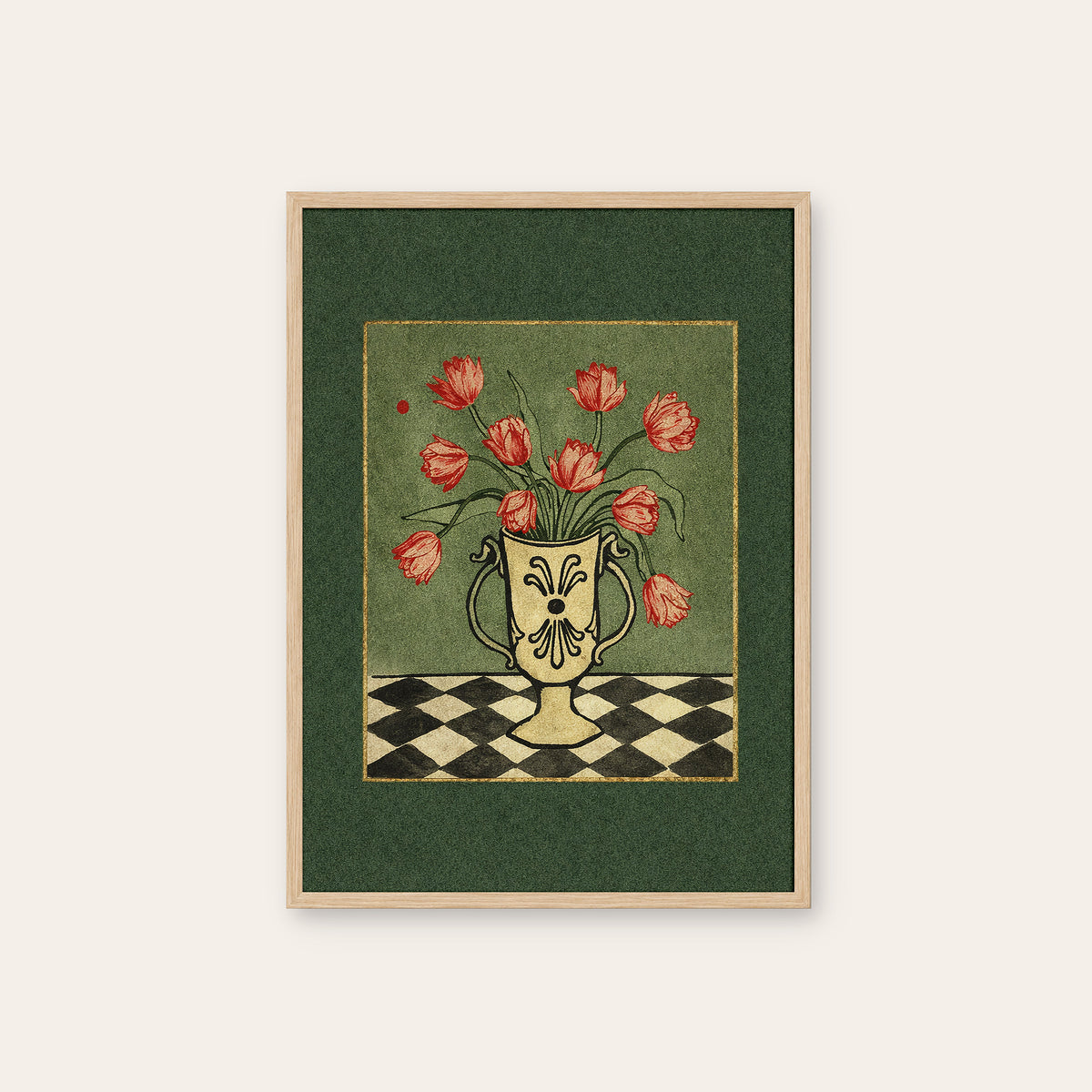 Tulip Check - Green Border Floral Print - natural wood frame