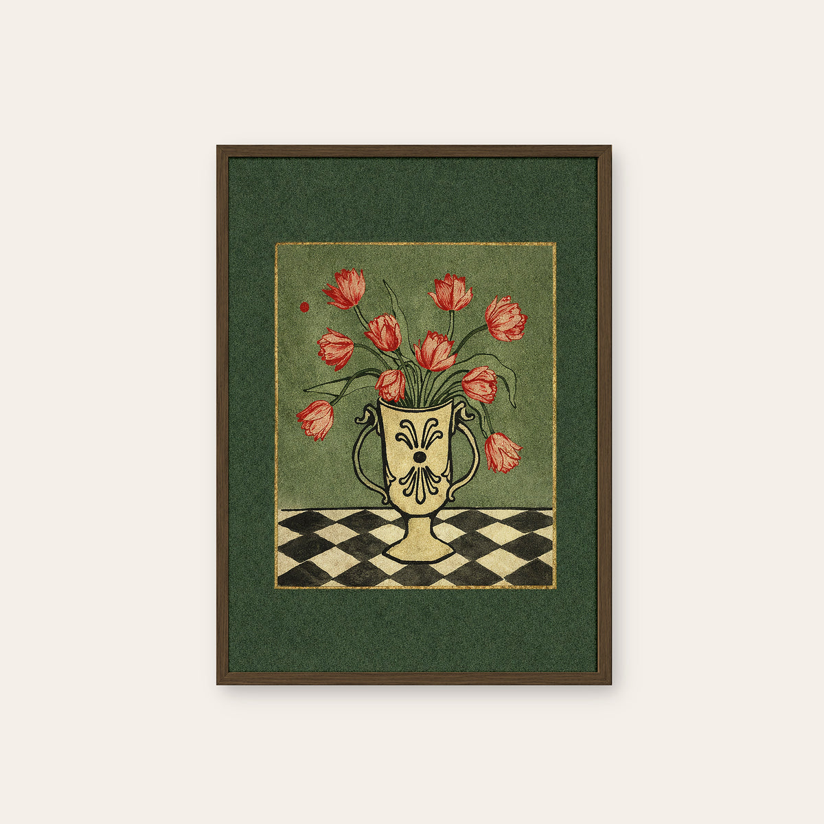 Tulip Check - Green Border Floral Print - dark wood frame
