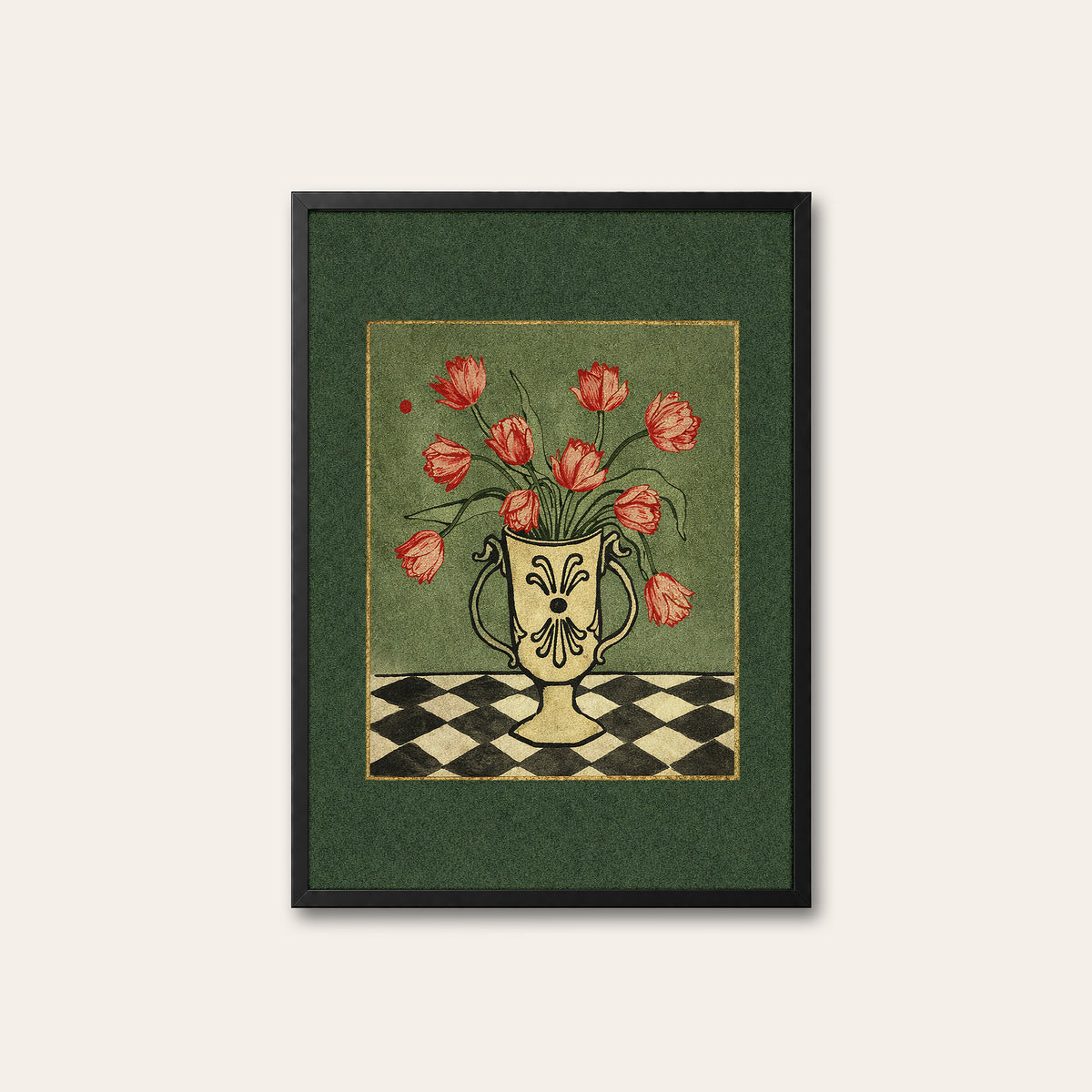 Tulip Check - Green Border Floral Print - black frame