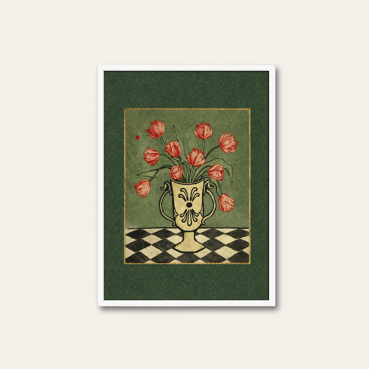 Tulip Check - Green Border Floral Print - white frame