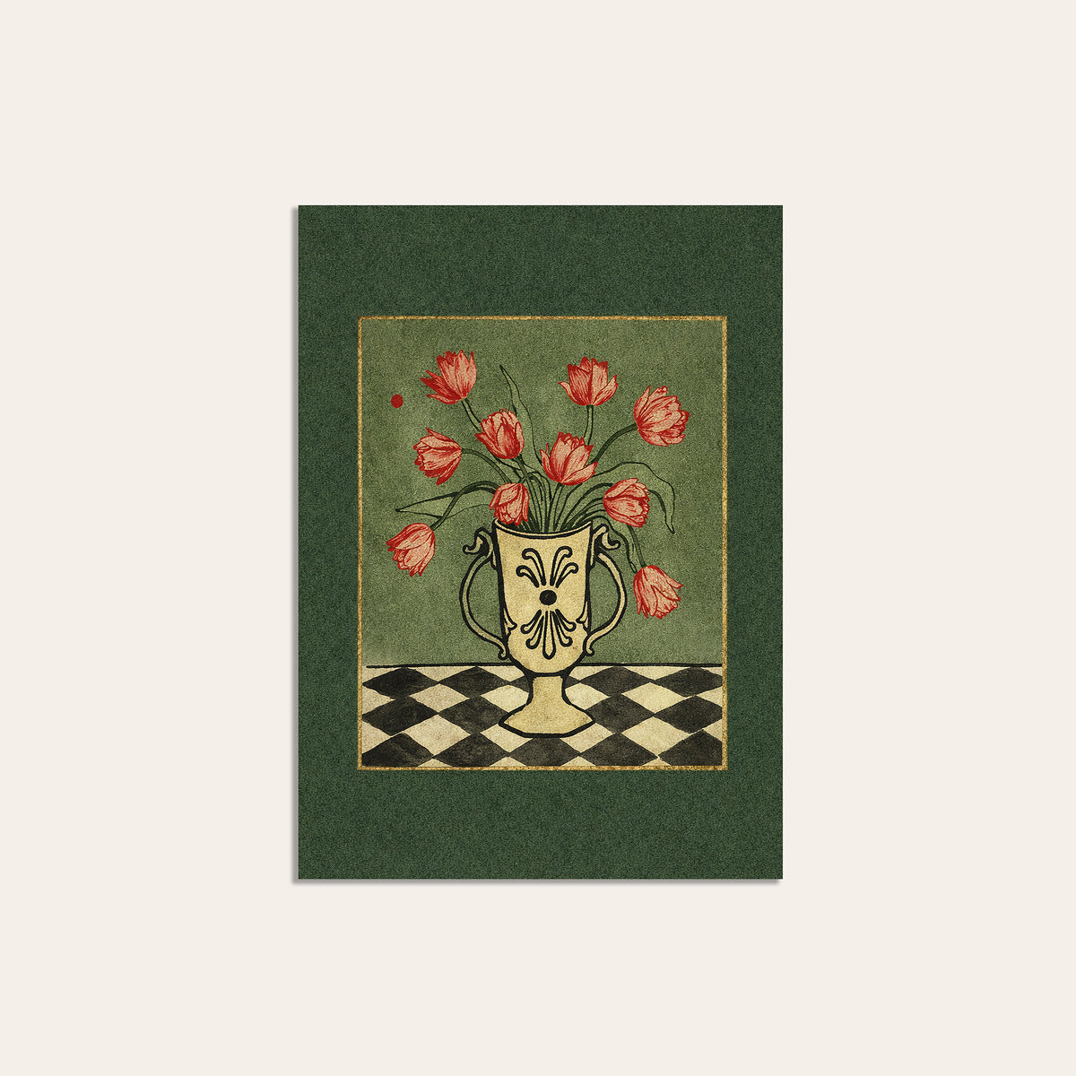 Tulip Check - Green Border Floral Print - unframed print